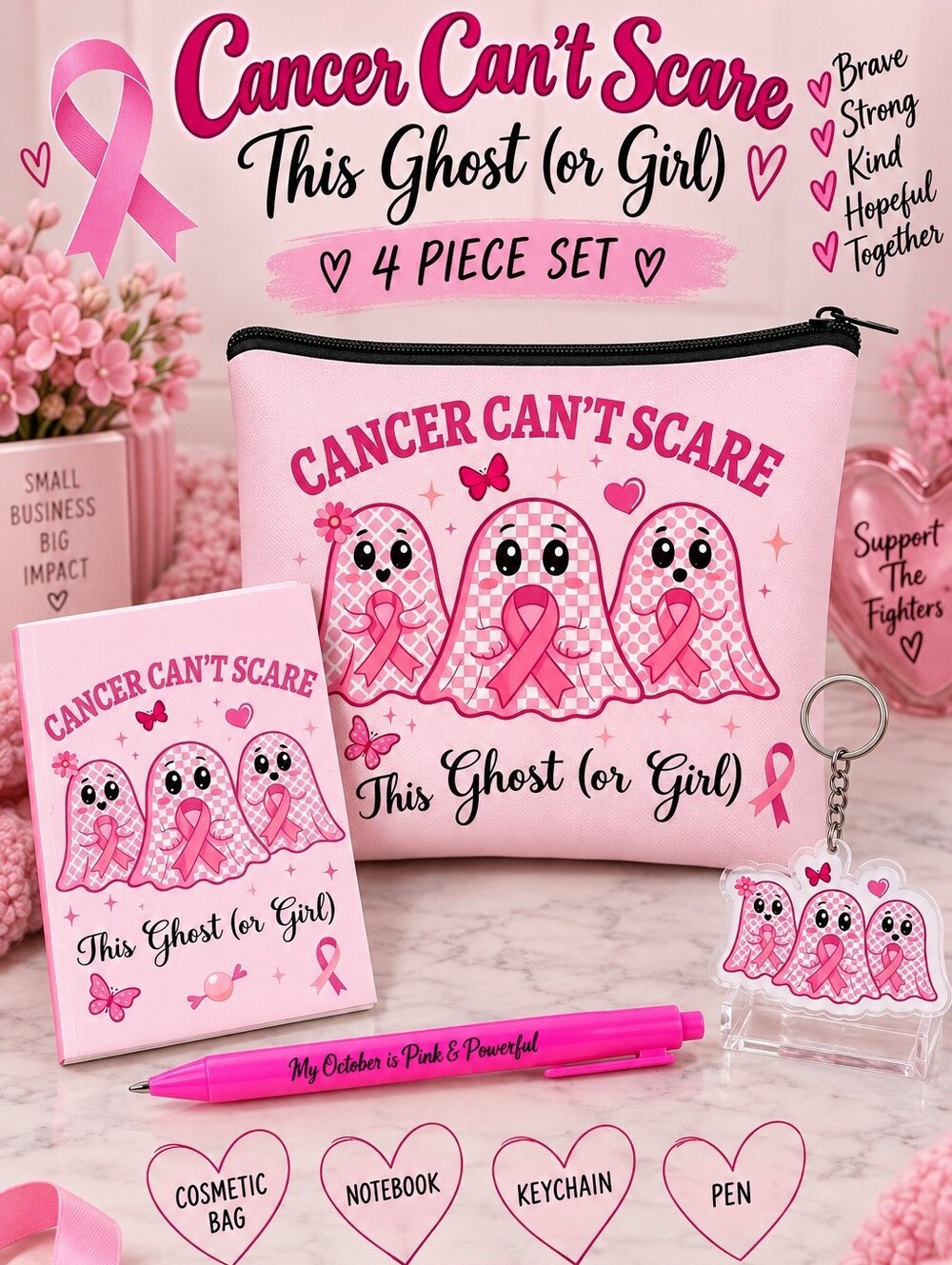 Pink Halloween Breast Cancer Awareness Ghost 4-Piece Gift Set!!